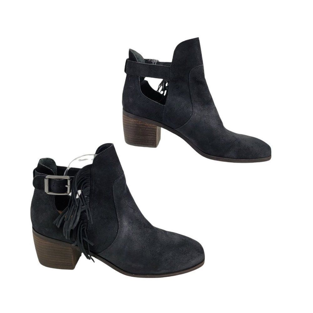 Lucky Brand Makenna Leather Fringe Block Chunky Cut Out Ankle Bootie Black Sz 10